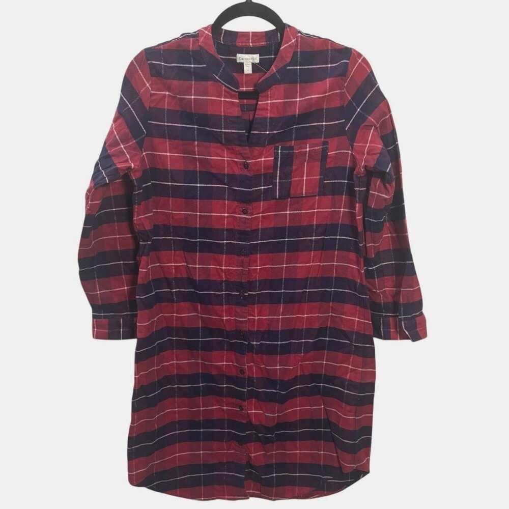 GARNET HILL 100% Organic Pima Cotton Flannel Sleep Shirt S Plaid Nightgown Dress